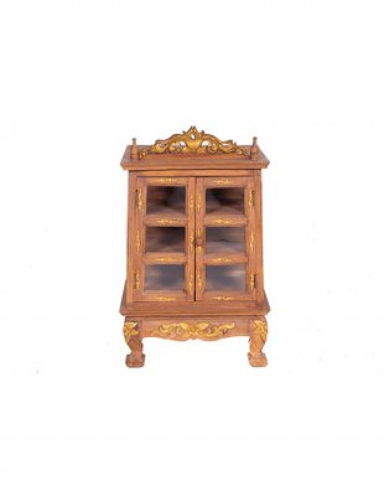 Two-door display cabinet in acacia wood with decorations, 20th century 1