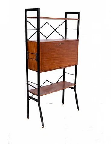 Swedish teak bookcase with flap desk & black iron uprights, 1970s