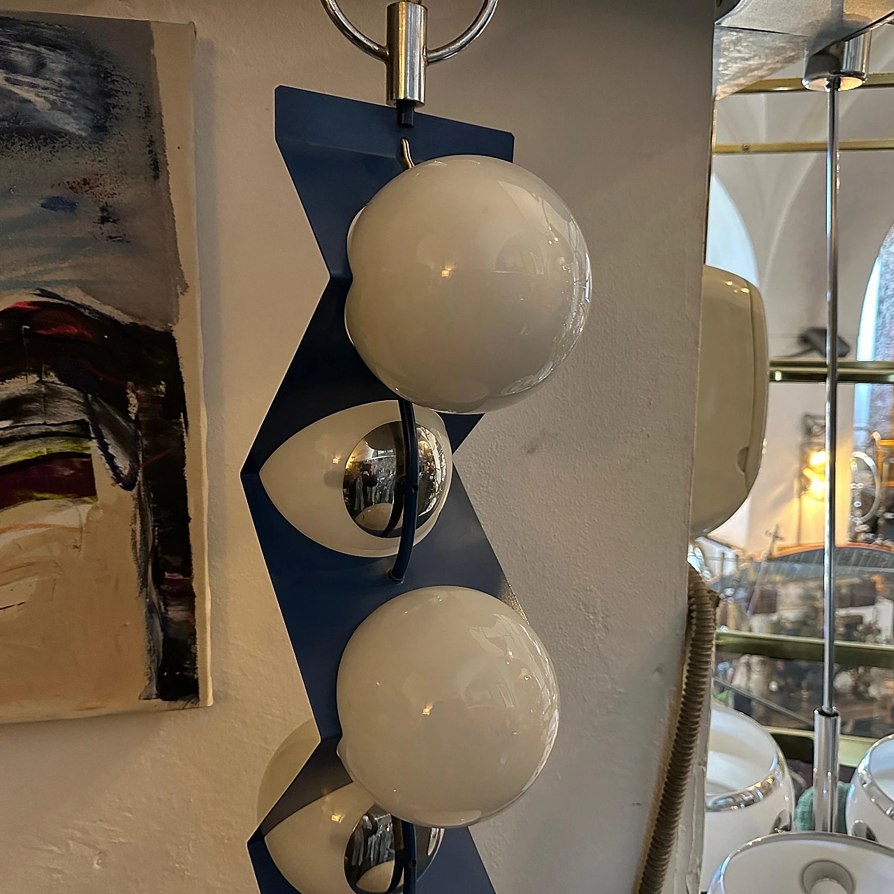 Space Age blue metal and white glass chandelier, 1970s 2