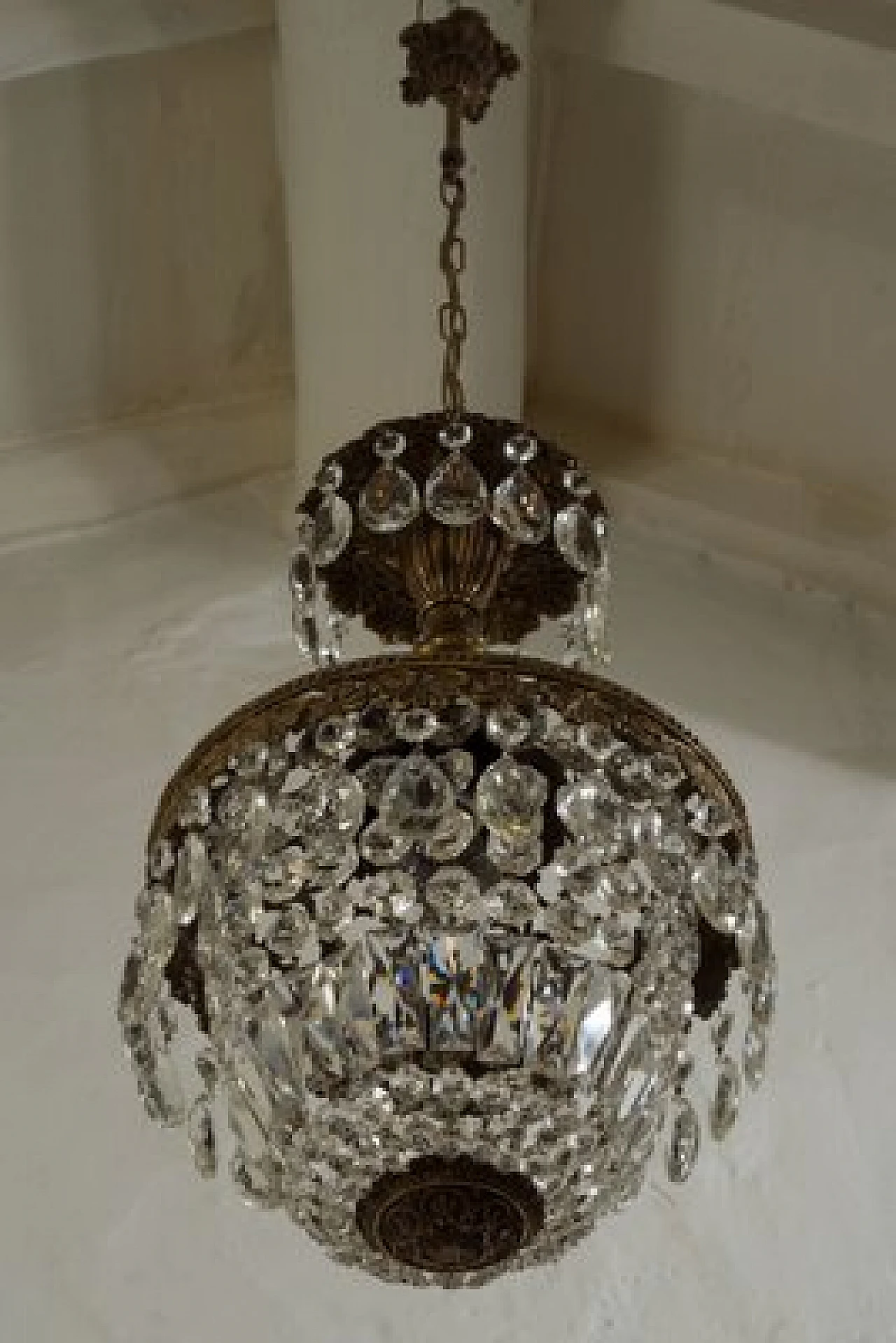 Art Deco brass chandelier with glass drops, 1940s 1