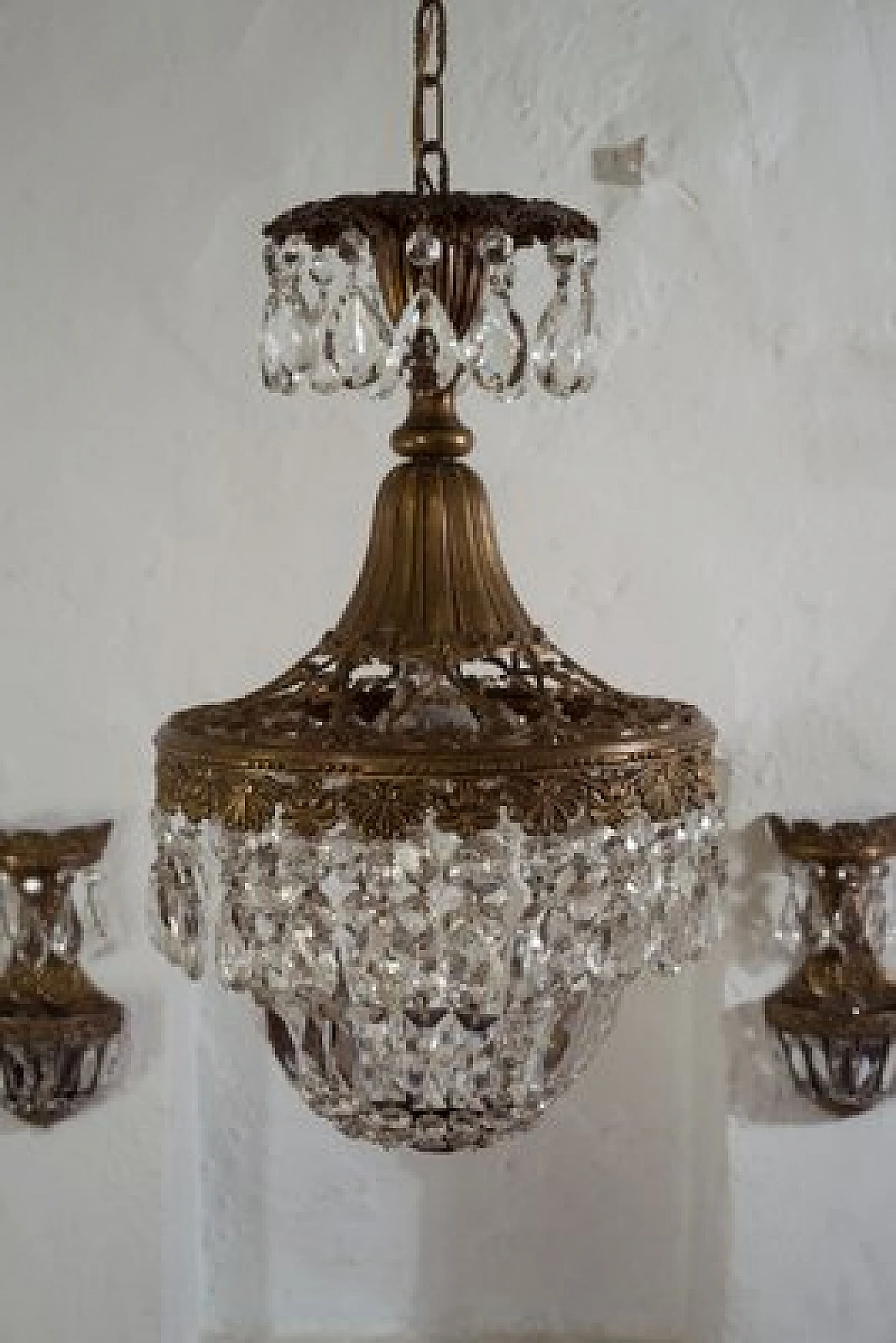 Lampadario Art Déco in ottone con gocce in vetro, anni '40 2