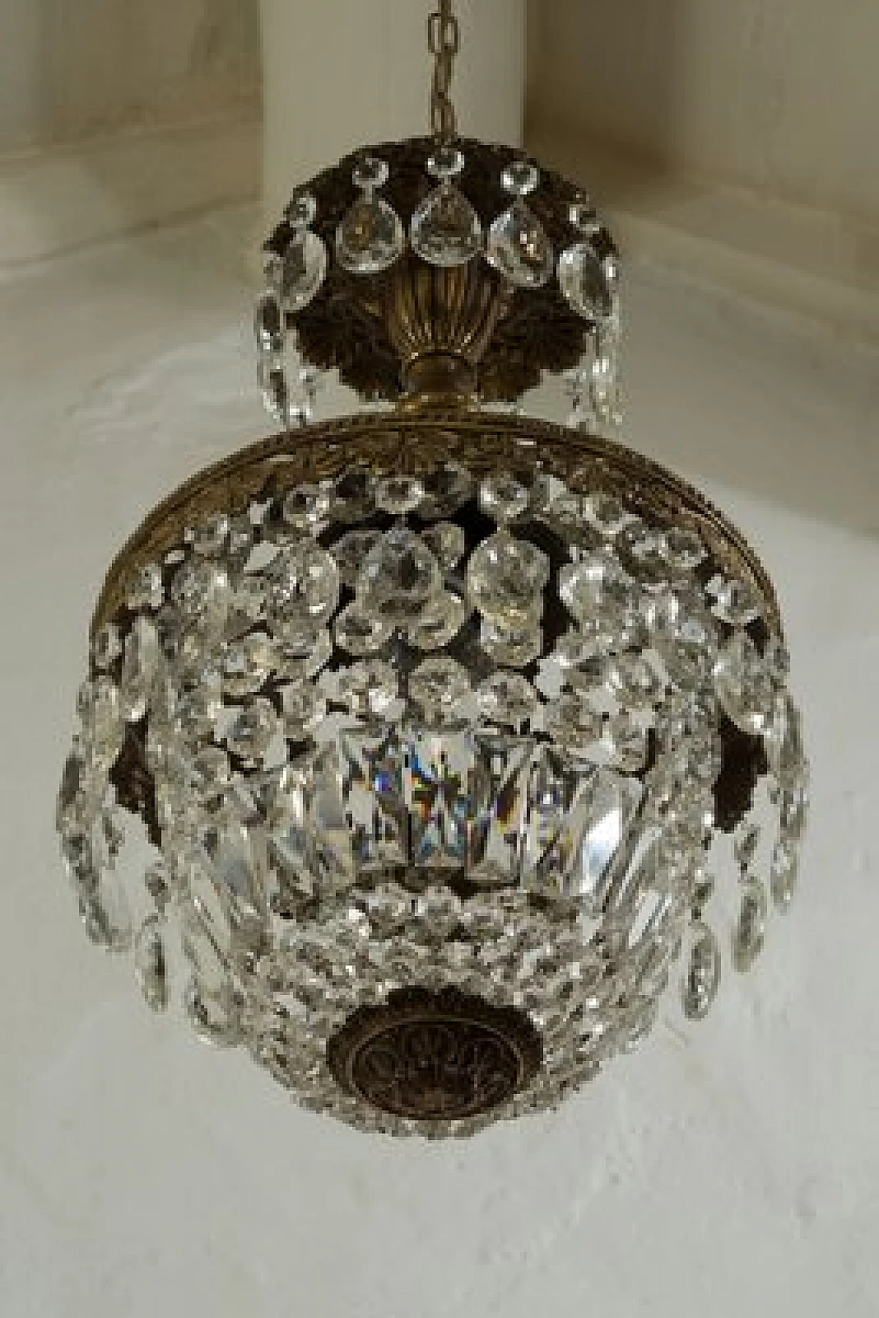 Art Deco brass chandelier with glass drops, 1940s 4