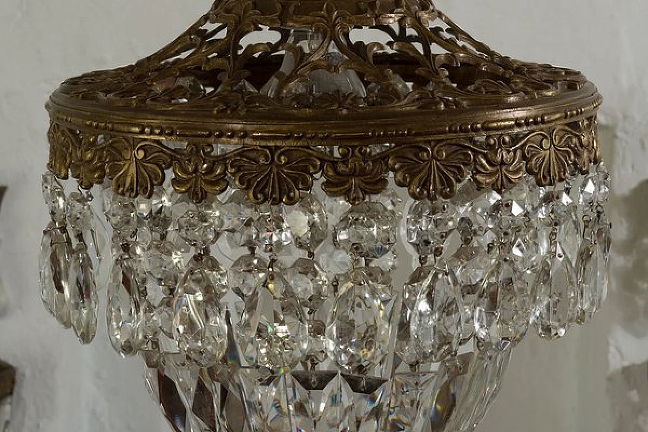 Lampadario Art Déco in ottone con gocce in vetro, anni '40 6