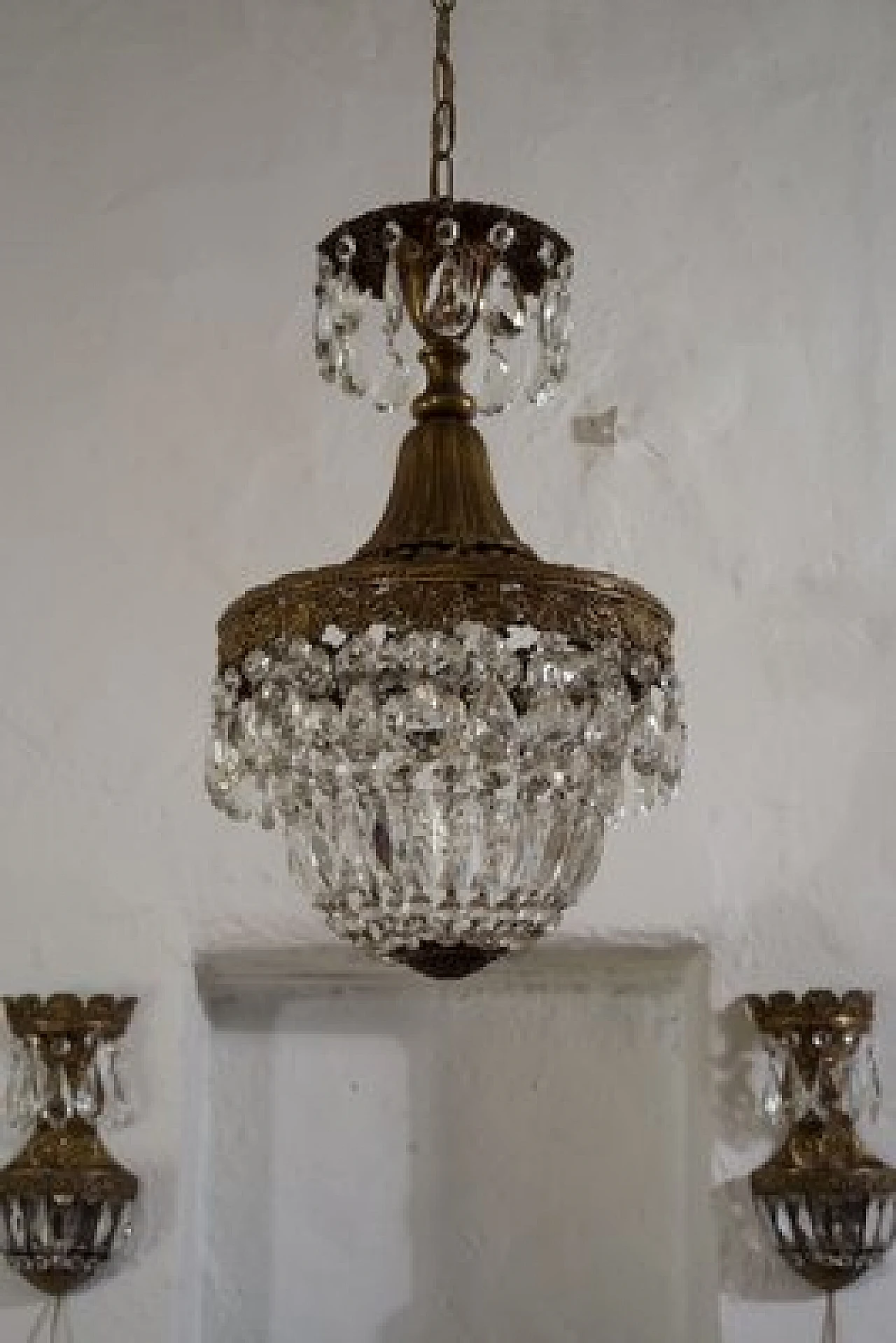 Lampadario Art Déco in ottone con gocce in vetro, anni '40 11