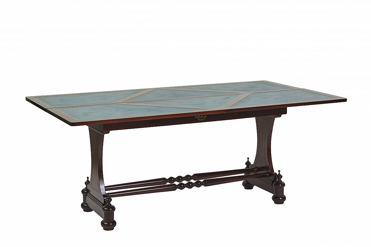 English style mahogany and light blue leather table/console, 1990s 2