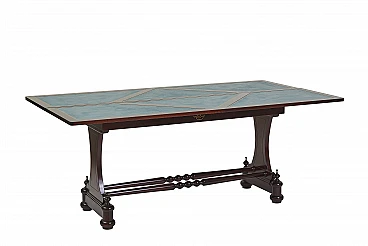 English style mahogany and light blue leather table/console, 1990s