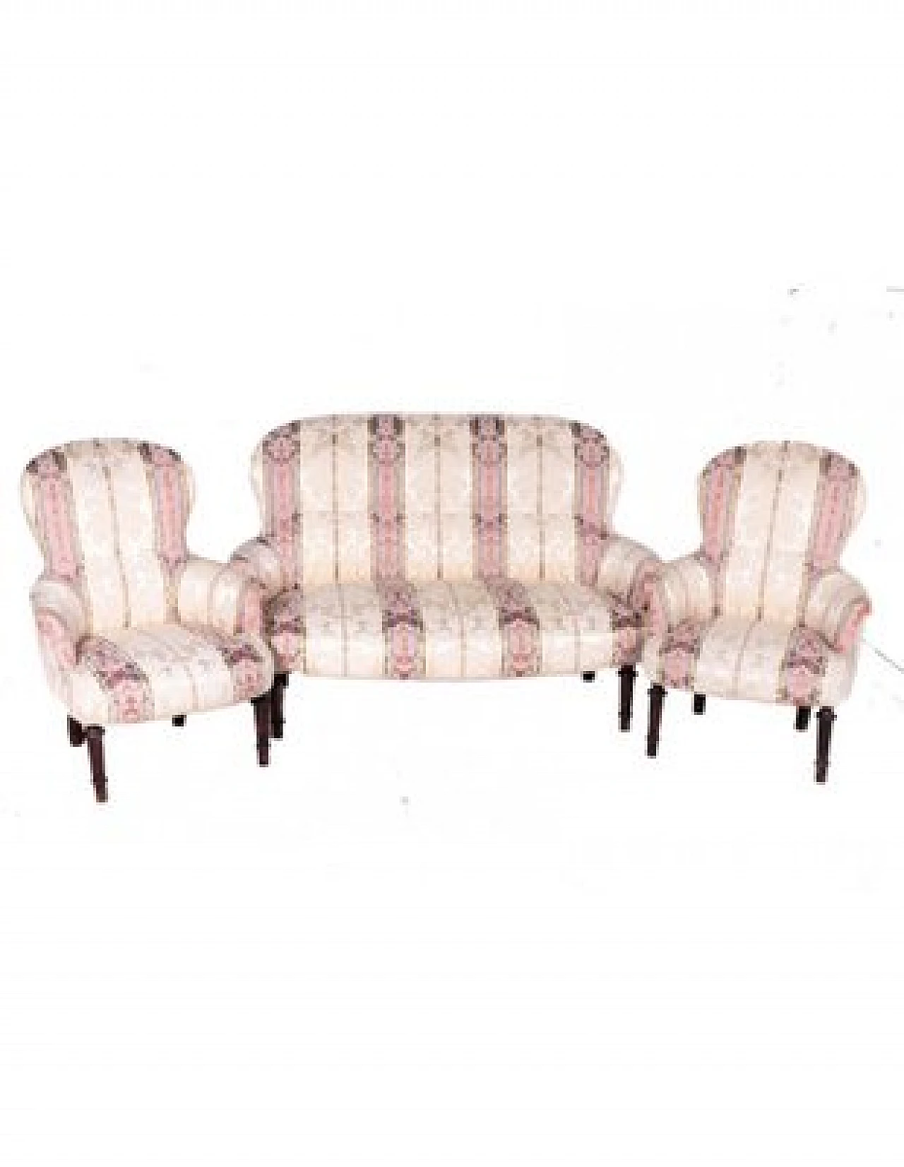 Sofa and pair of armchairs in wood and striped fabric, 19th century 1