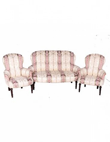 Sofa and pair of armchairs in wood and striped fabric, 19th century