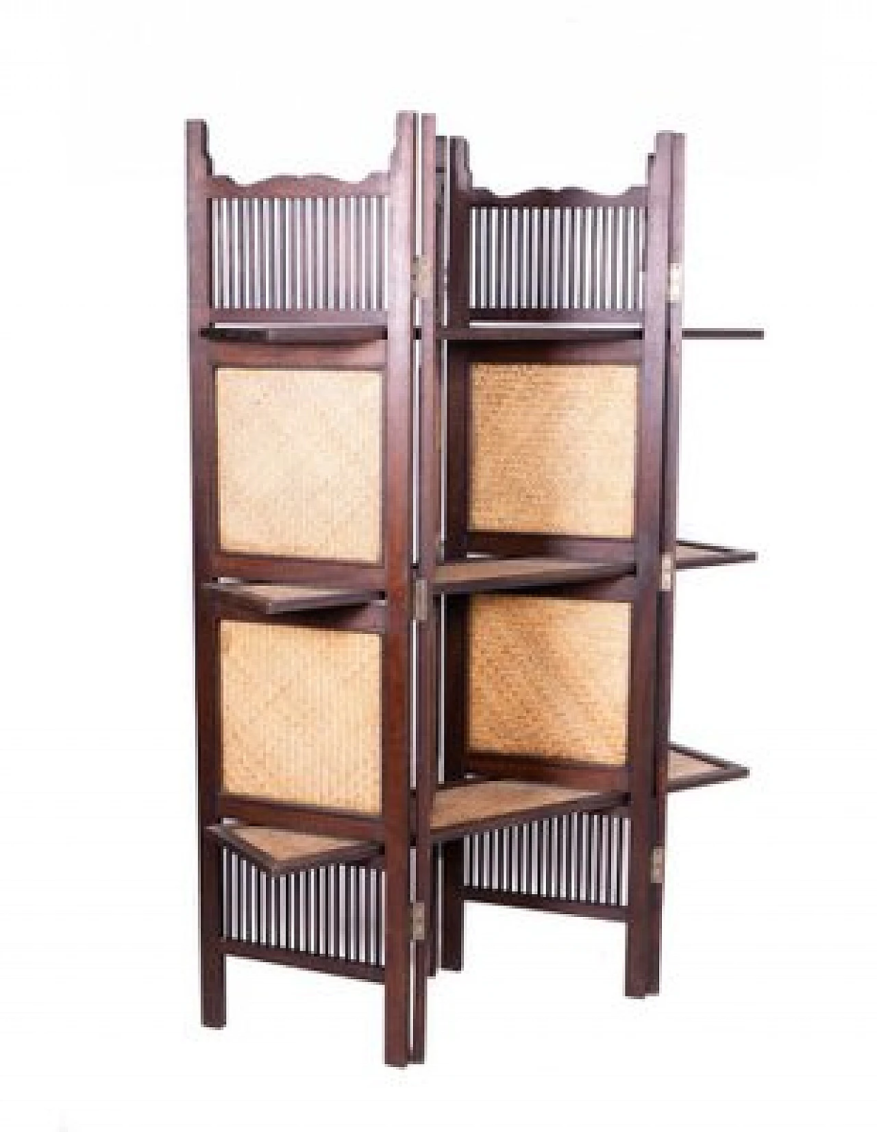 Filipino acacia wood and rattan screen with shelves 4