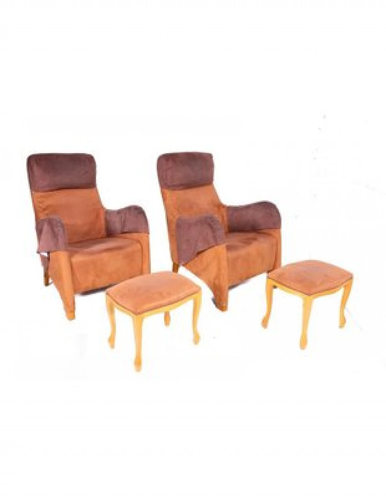 Pair of brown suede armchairs with two footrests, 1980s 1