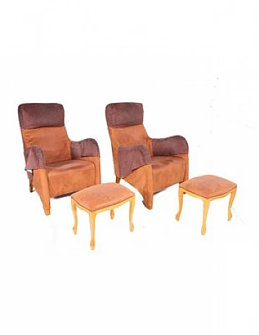 Pair of brown suede armchairs with two footrests, 1980s