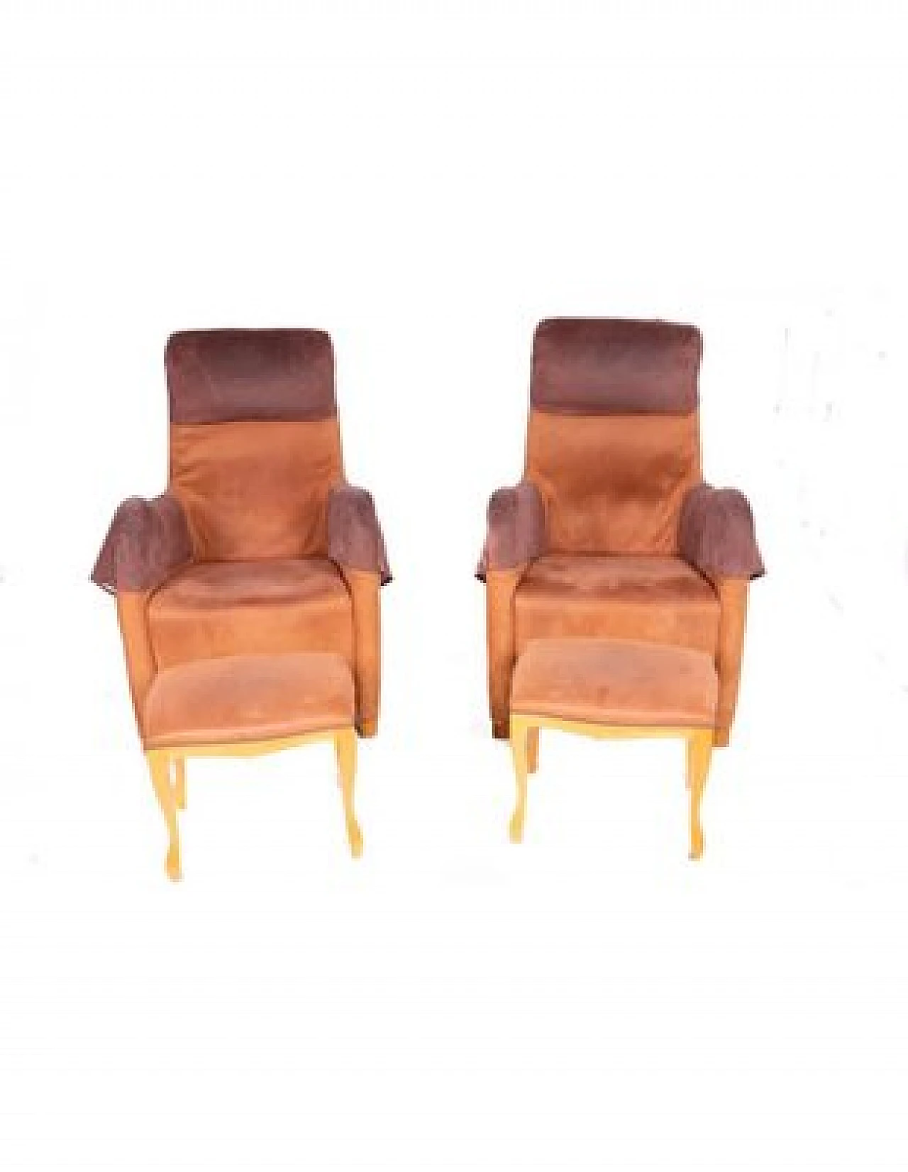 Pair of brown suede armchairs with two footrests, 1980s 4