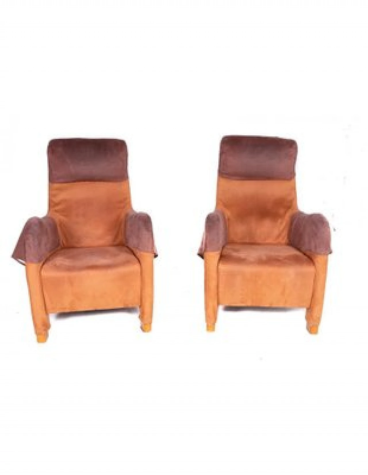 Pair of brown suede armchairs with two footrests, 1980s 6