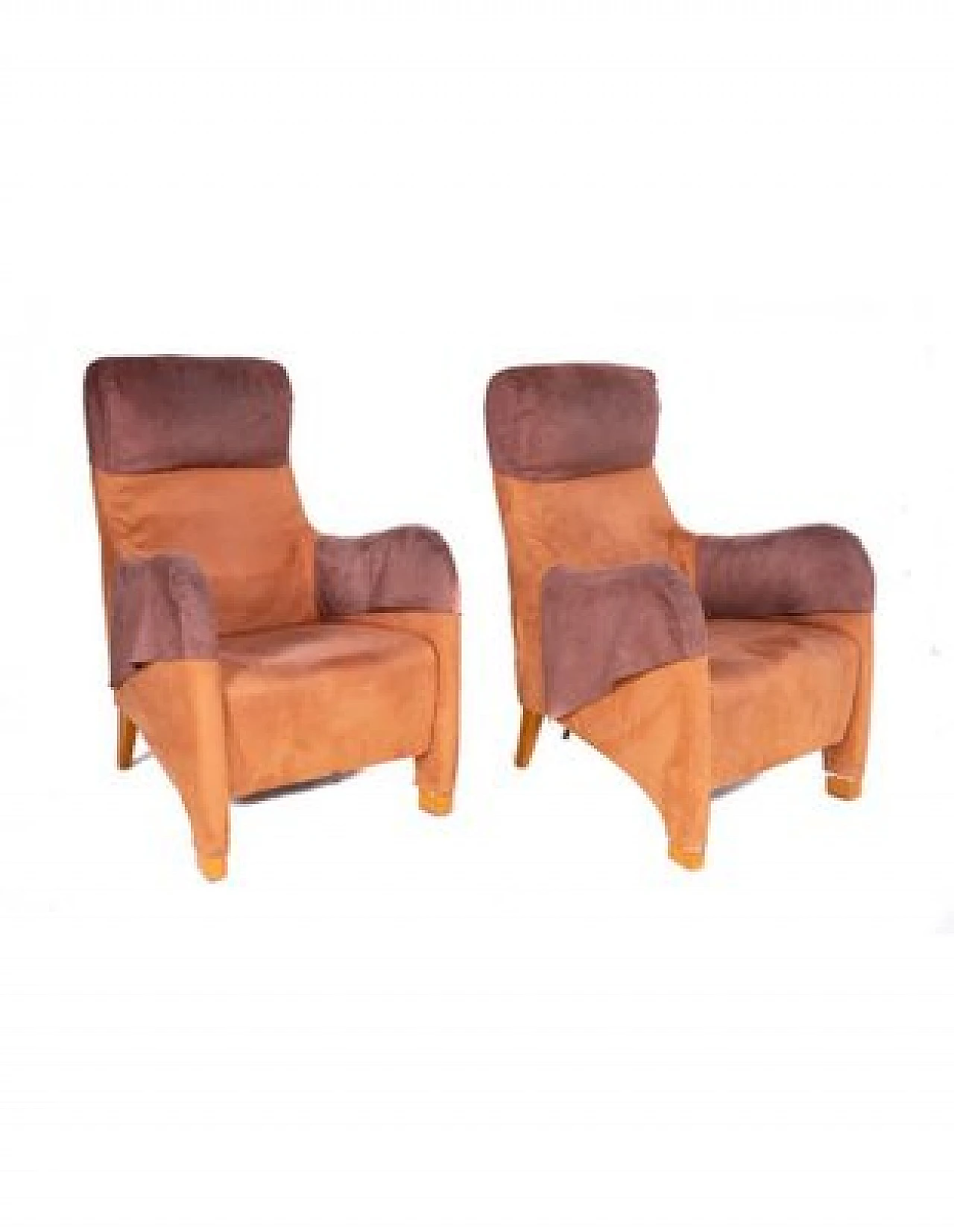 Pair of brown suede armchairs with two footrests, 1980s 8