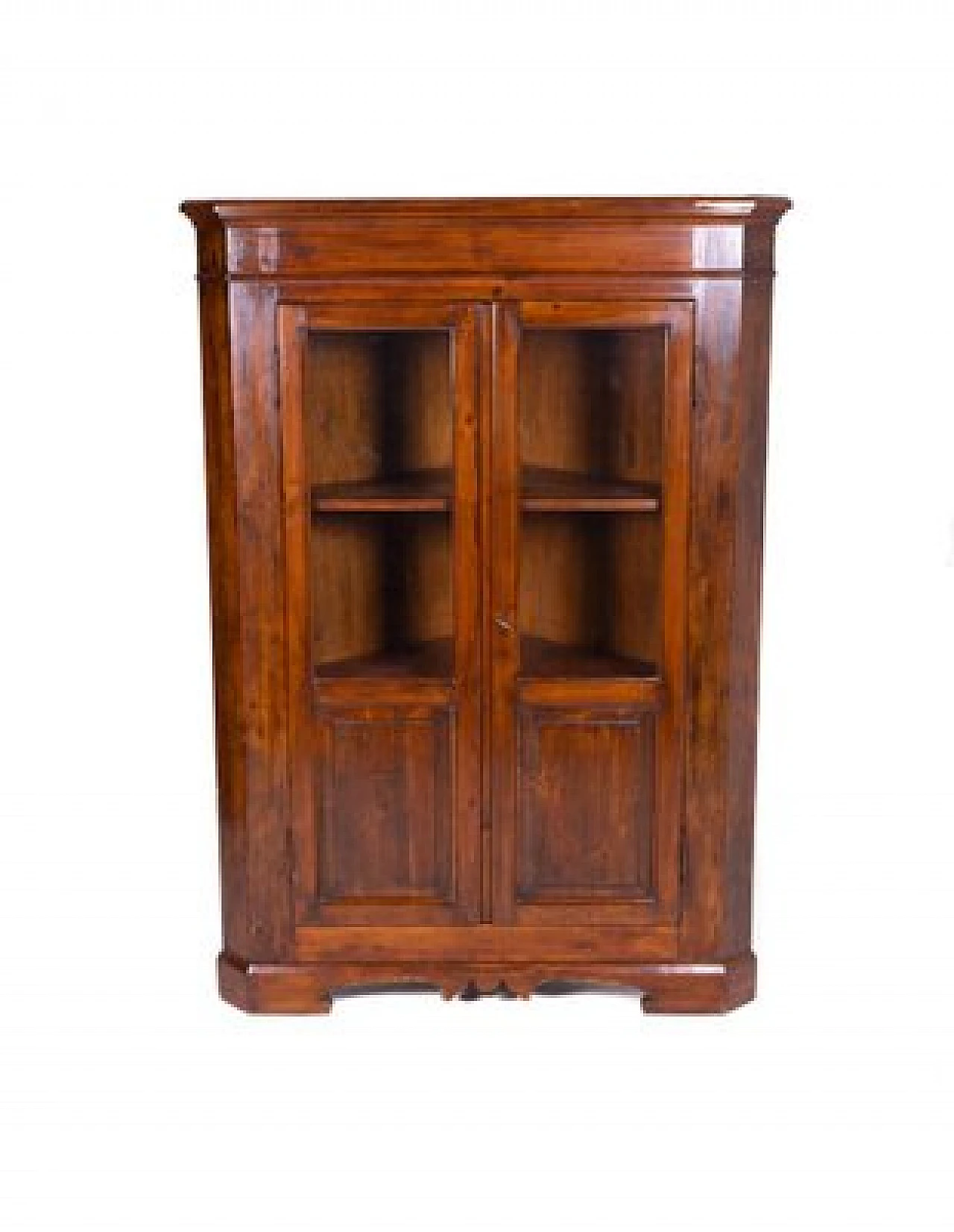 Walnut-stained solid wood corner cabinet with glass doors 1