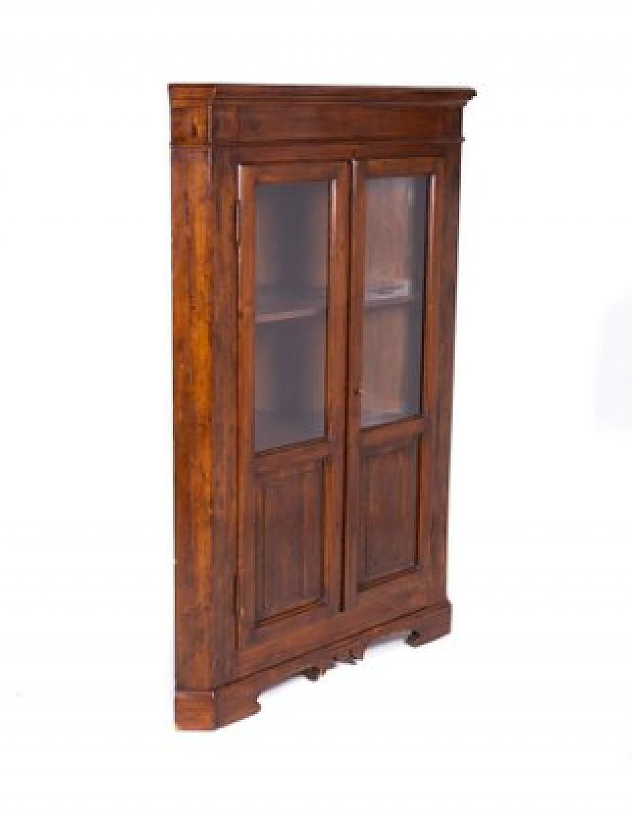 Walnut-stained solid wood corner cabinet with glass doors 2