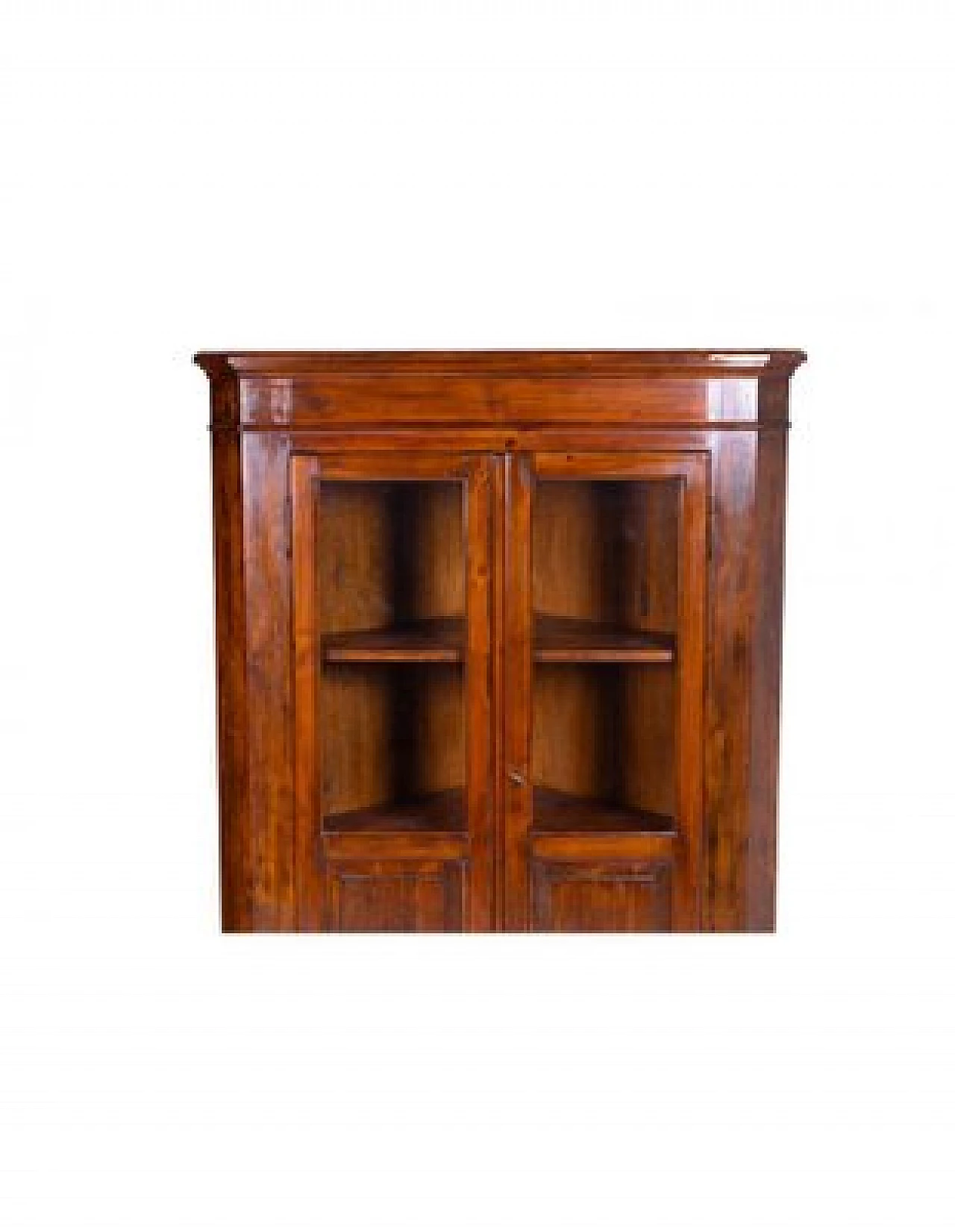 Walnut-stained solid wood corner cabinet with glass doors 3