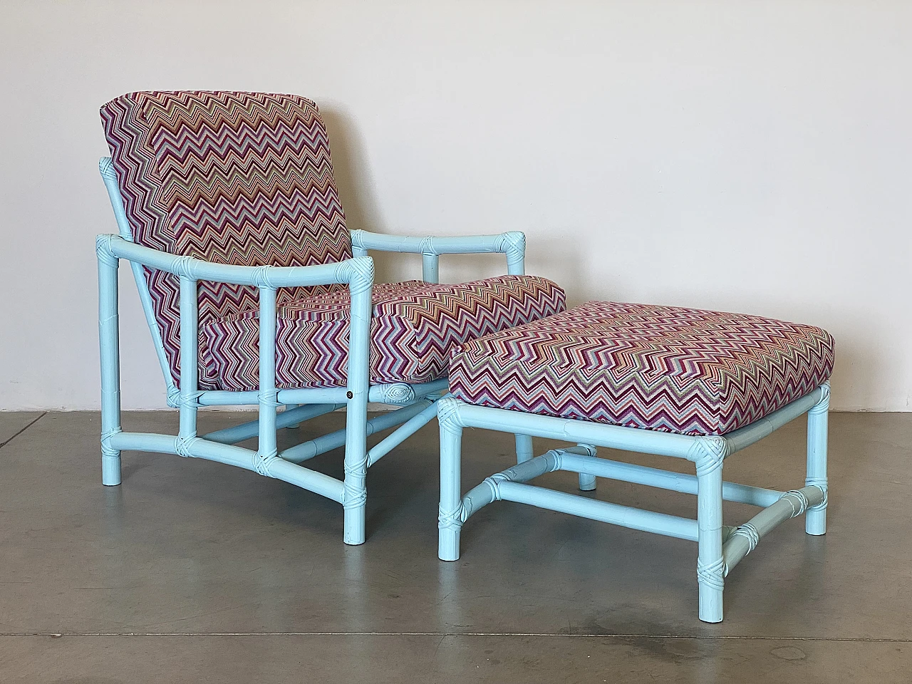 Missoni-style fabric and lacquered bamboo armchair and stool, 1970s 1