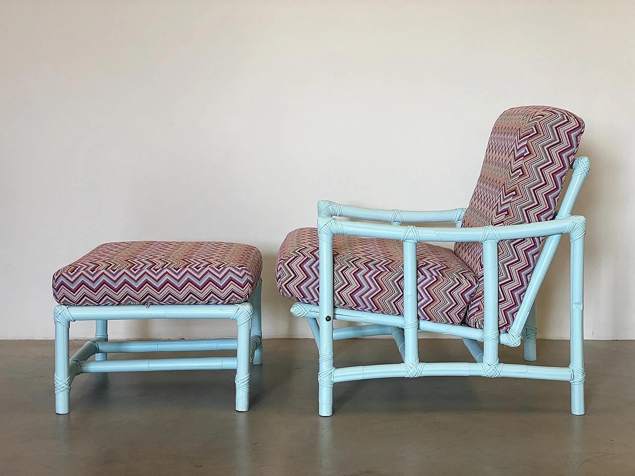 Missoni-style fabric and lacquered bamboo armchair and stool, 1970s 3