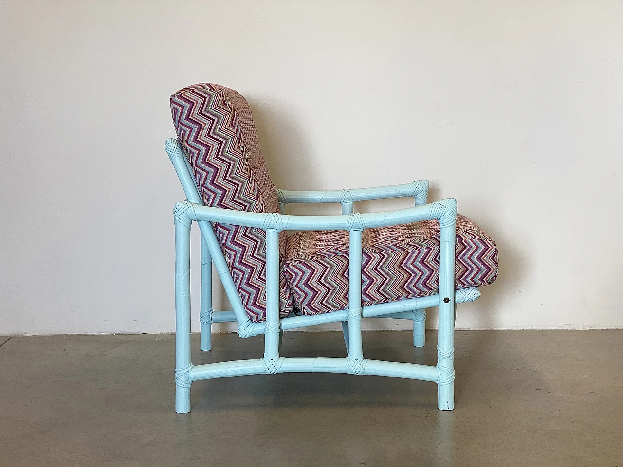 Missoni-style fabric and lacquered bamboo armchair and stool, 1970s 7