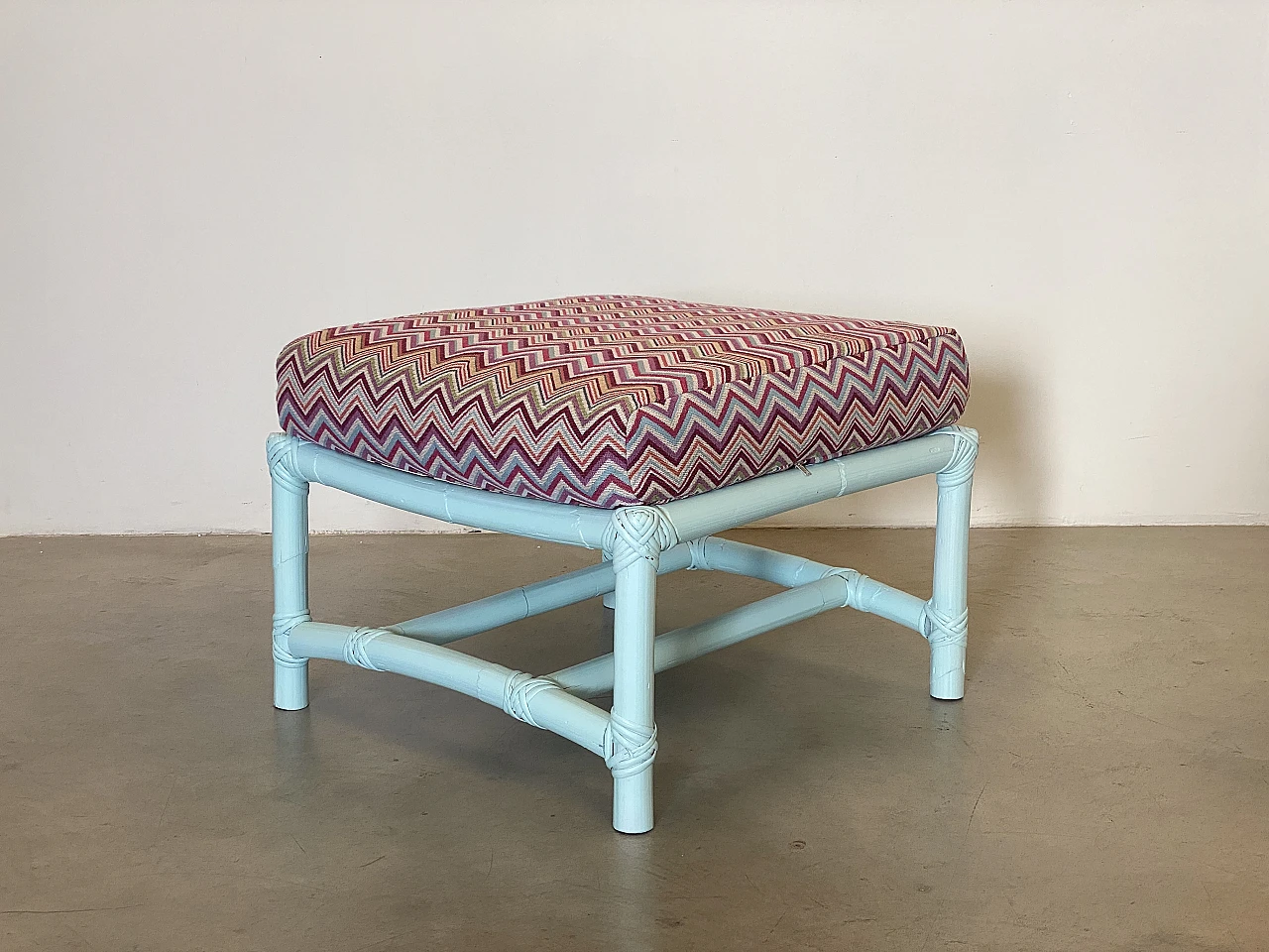 Missoni-style fabric and lacquered bamboo armchair and stool, 1970s 8