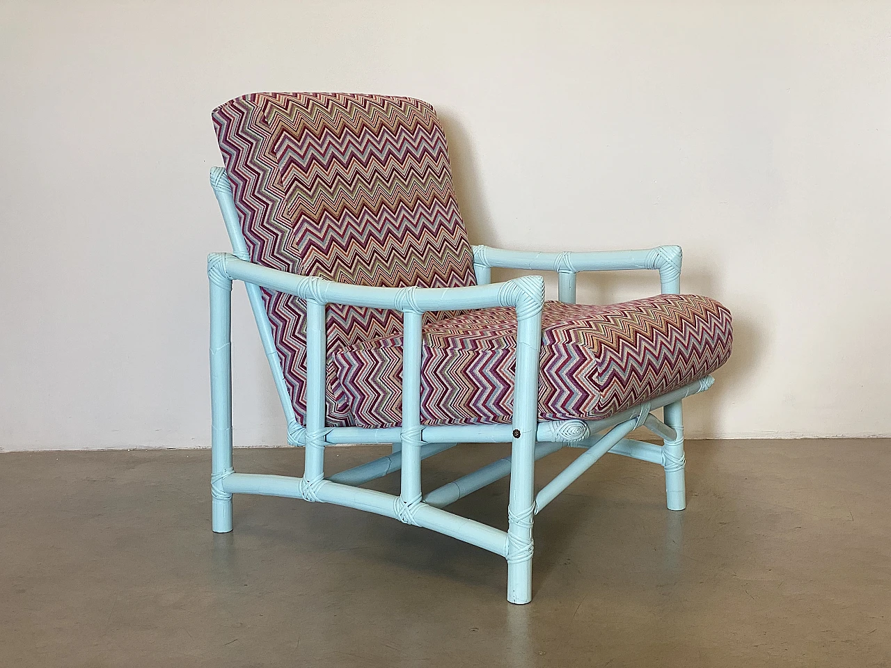 Missoni-style fabric and lacquered bamboo armchair and stool, 1970s 9