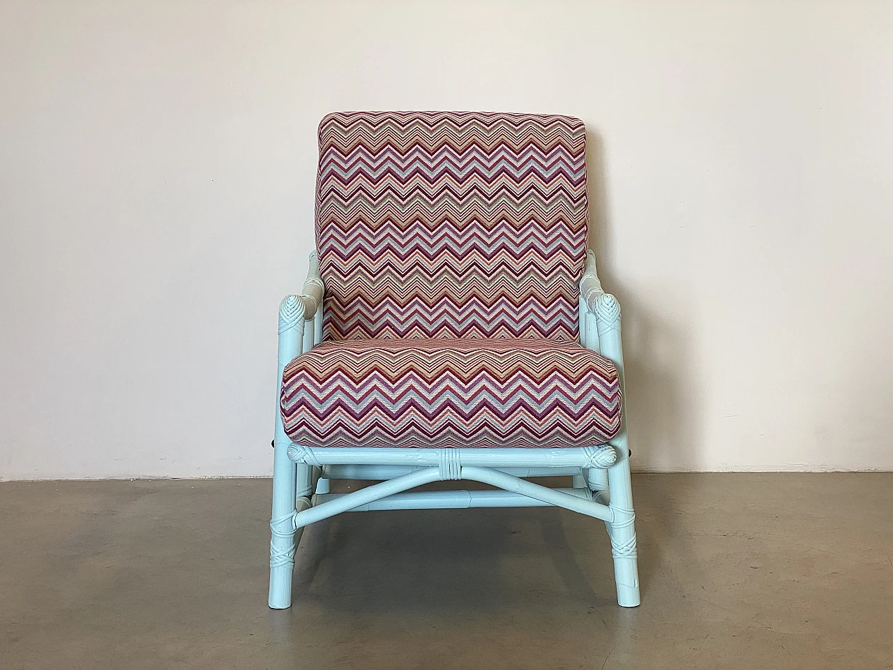 Missoni-style fabric and lacquered bamboo armchair and stool, 1970s 10