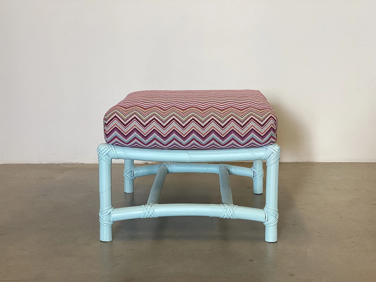 Missoni-style fabric and lacquered bamboo armchair and stool, 1970s 11