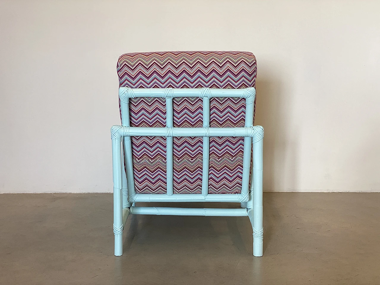 Missoni-style fabric and lacquered bamboo armchair and stool, 1970s 13