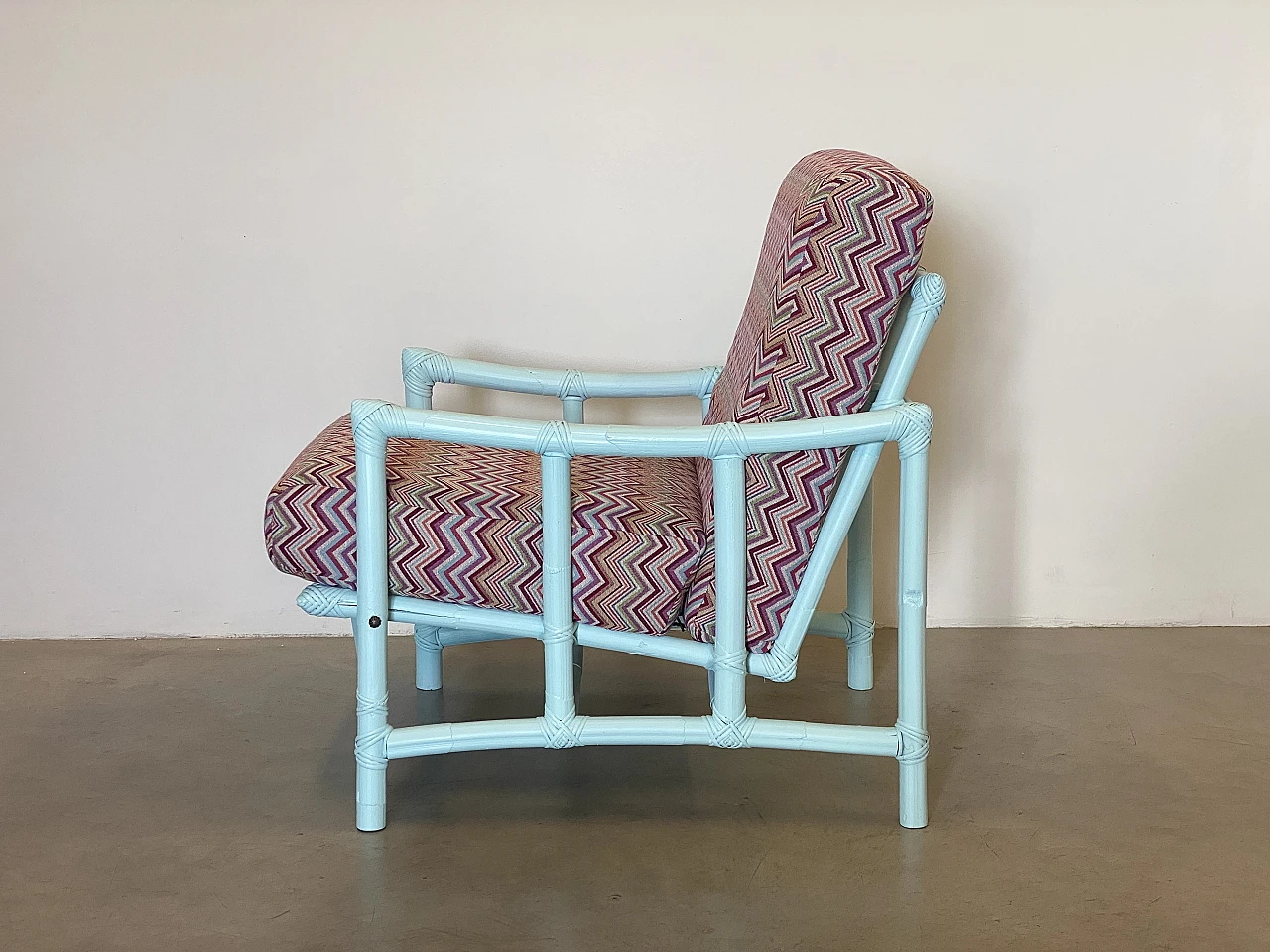 Missoni-style fabric and lacquered bamboo armchair and stool, 1970s 14