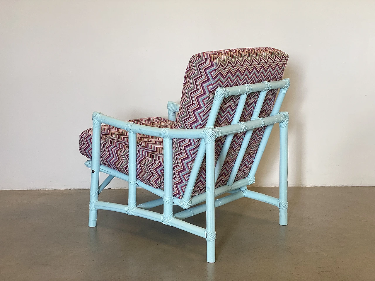 Missoni-style fabric and lacquered bamboo armchair and stool, 1970s 15