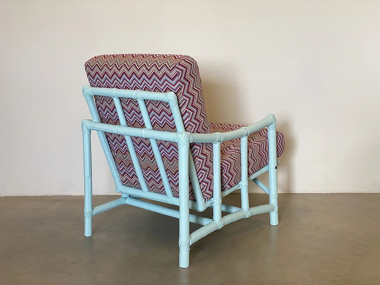 Missoni-style fabric and lacquered bamboo armchair and stool, 1970s 17