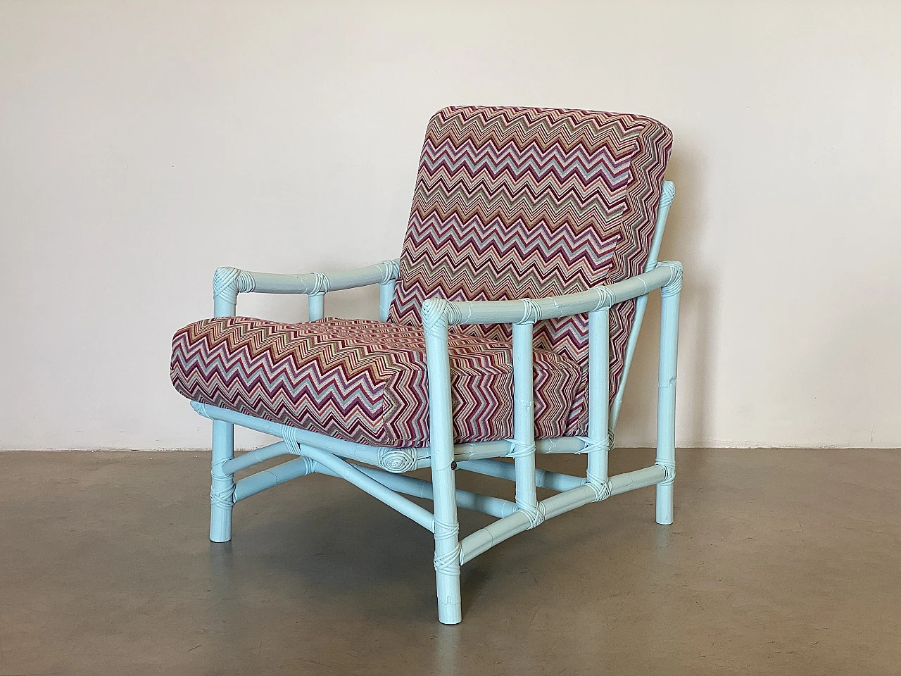 Missoni-style fabric and lacquered bamboo armchair and stool, 1970s 18