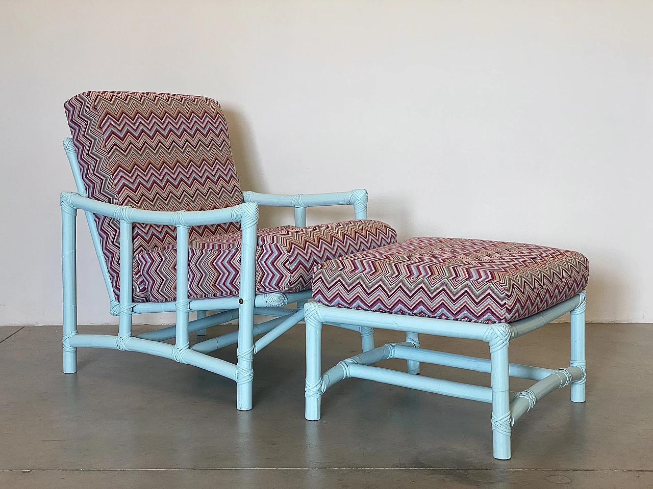 Missoni-style fabric and lacquered bamboo armchair and stool, 1970s 21