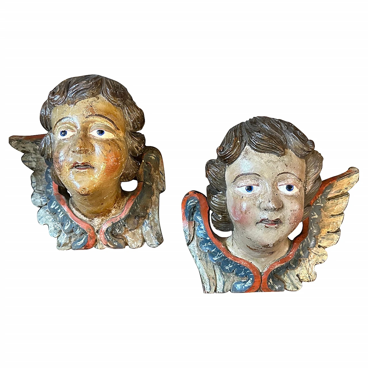 Angel heads, pair of lacquered wood sculptures, mid-18th century 1