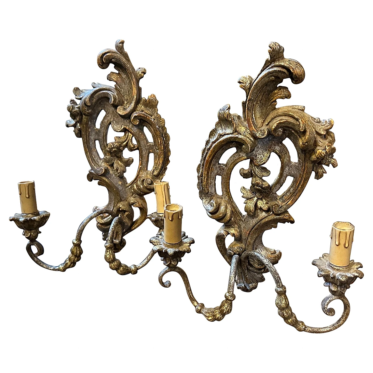 Pair of Baroque style wood and iron wall lights, early 20th century 1