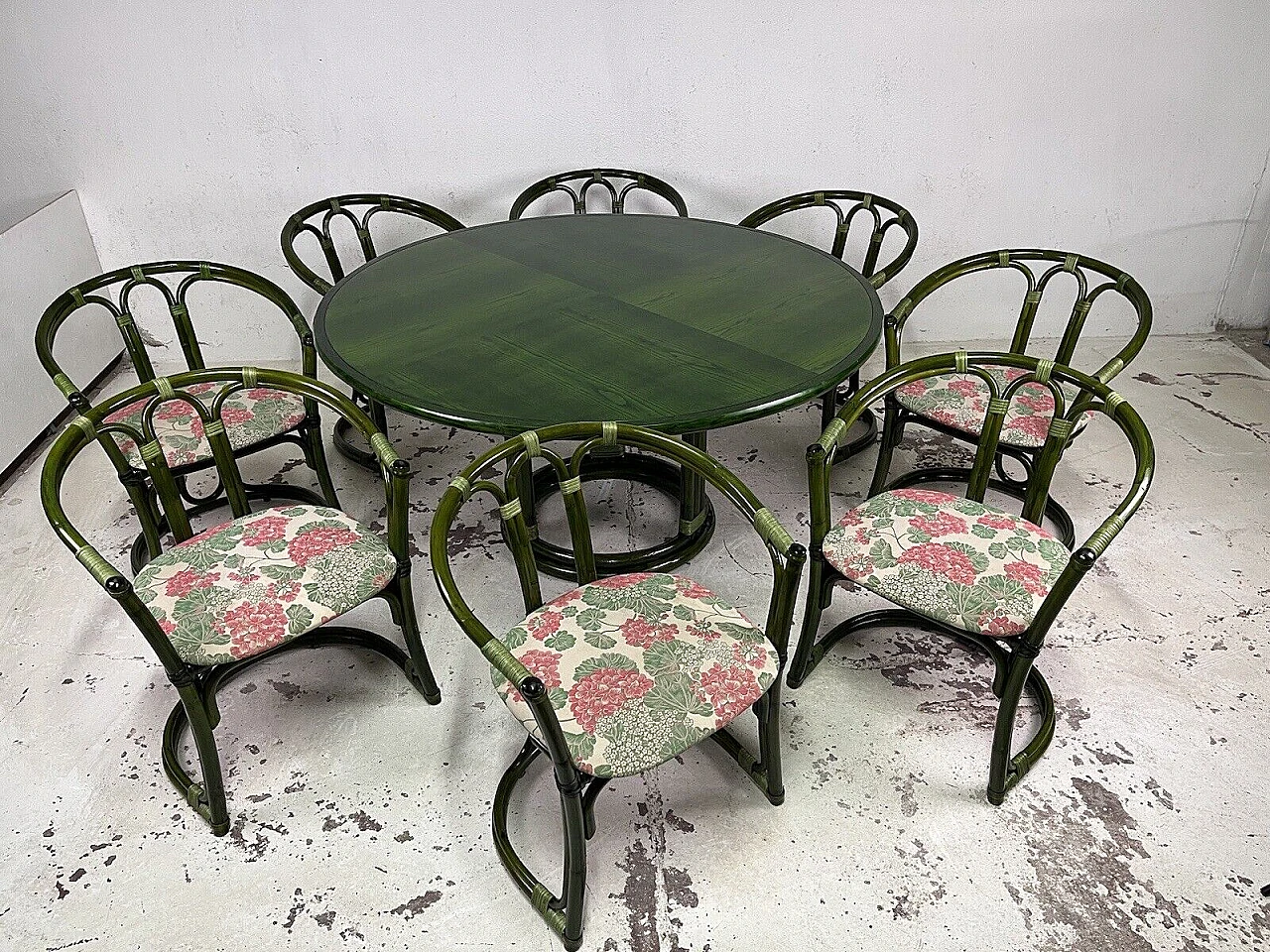 8 Chairs and table in bamboo, wicker and green-stained wood, 1970s 1