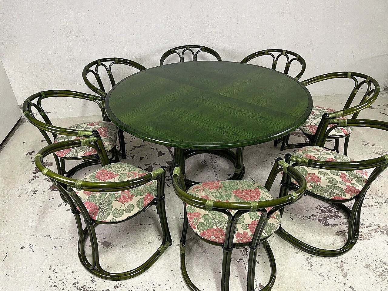 8 Chairs and table in bamboo, wicker and green-stained wood, 1970s 4