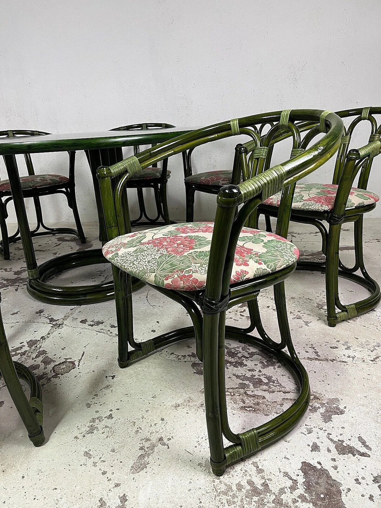 8 Chairs and table in bamboo, wicker and green-stained wood, 1970s 6