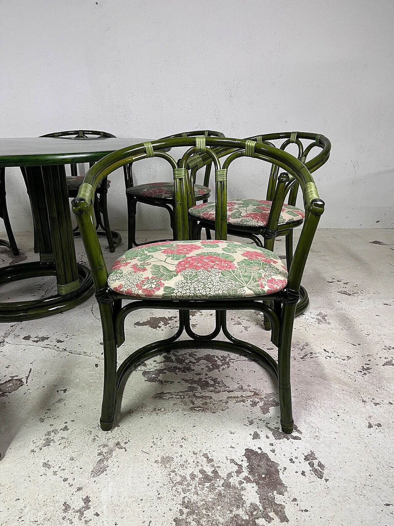 8 Chairs and table in bamboo, wicker and green-stained wood, 1970s 7