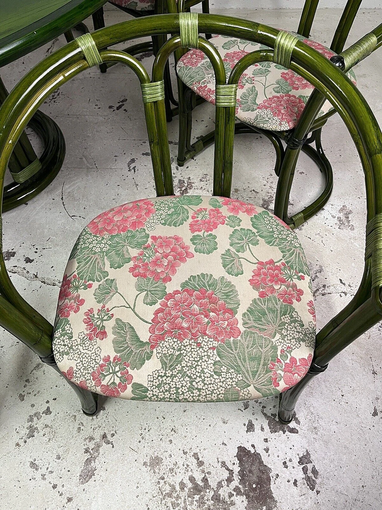 8 Chairs and table in bamboo, wicker and green-stained wood, 1970s 8