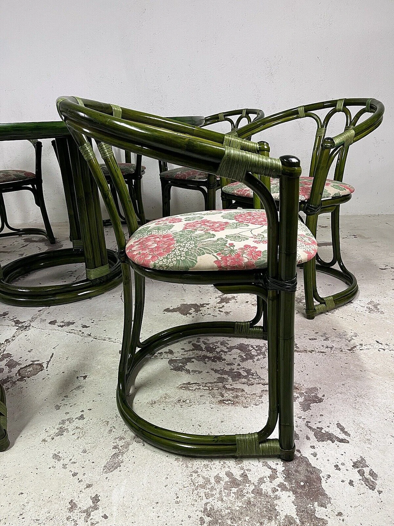 8 Chairs and table in bamboo, wicker and green-stained wood, 1970s 11