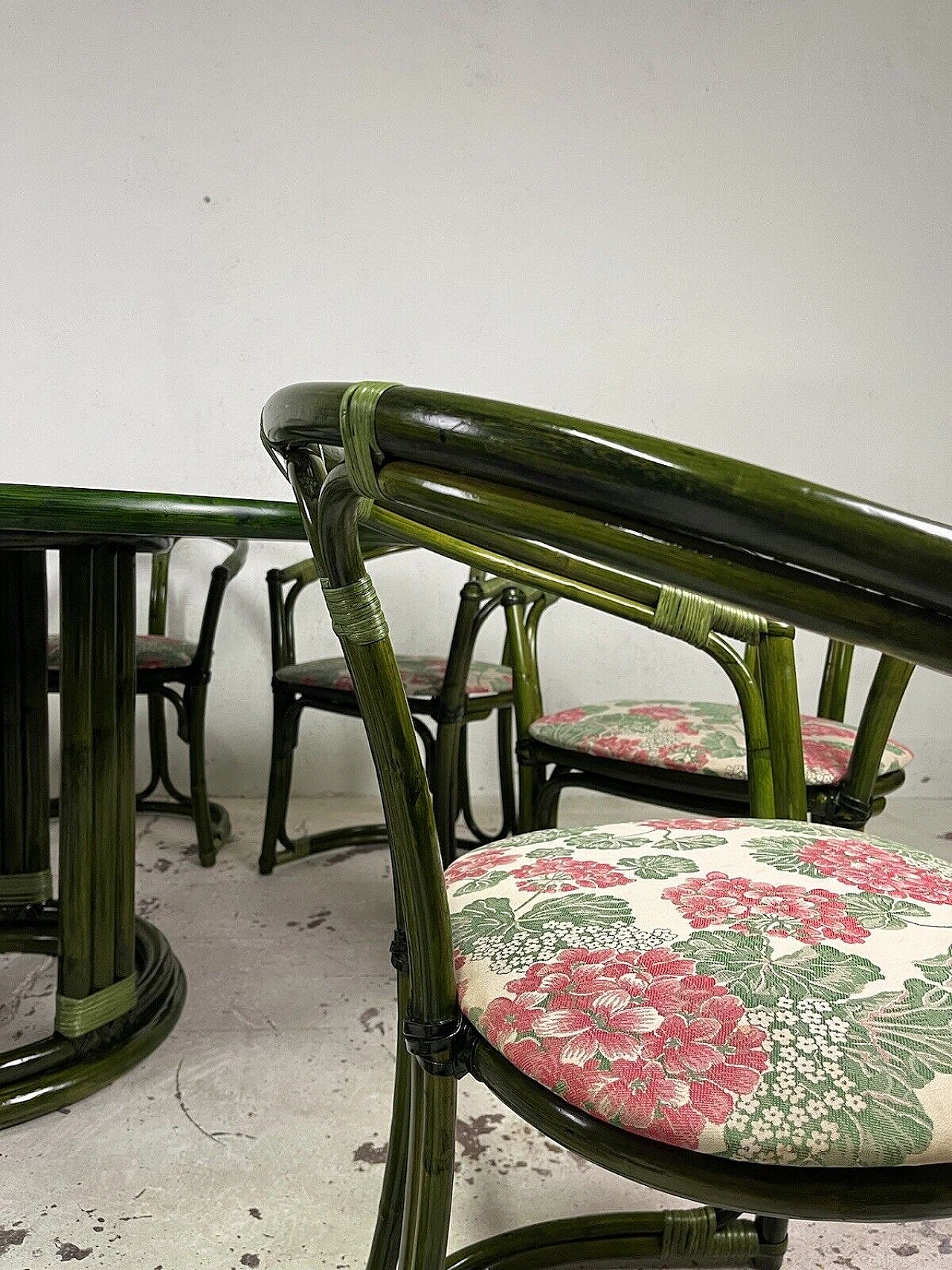 8 Chairs and table in bamboo, wicker and green-stained wood, 1970s 14