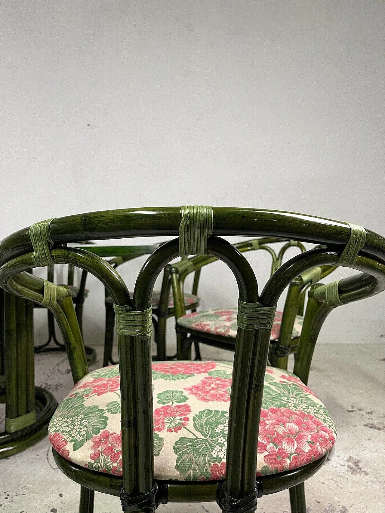 8 Chairs and table in bamboo, wicker and green-stained wood, 1970s 16