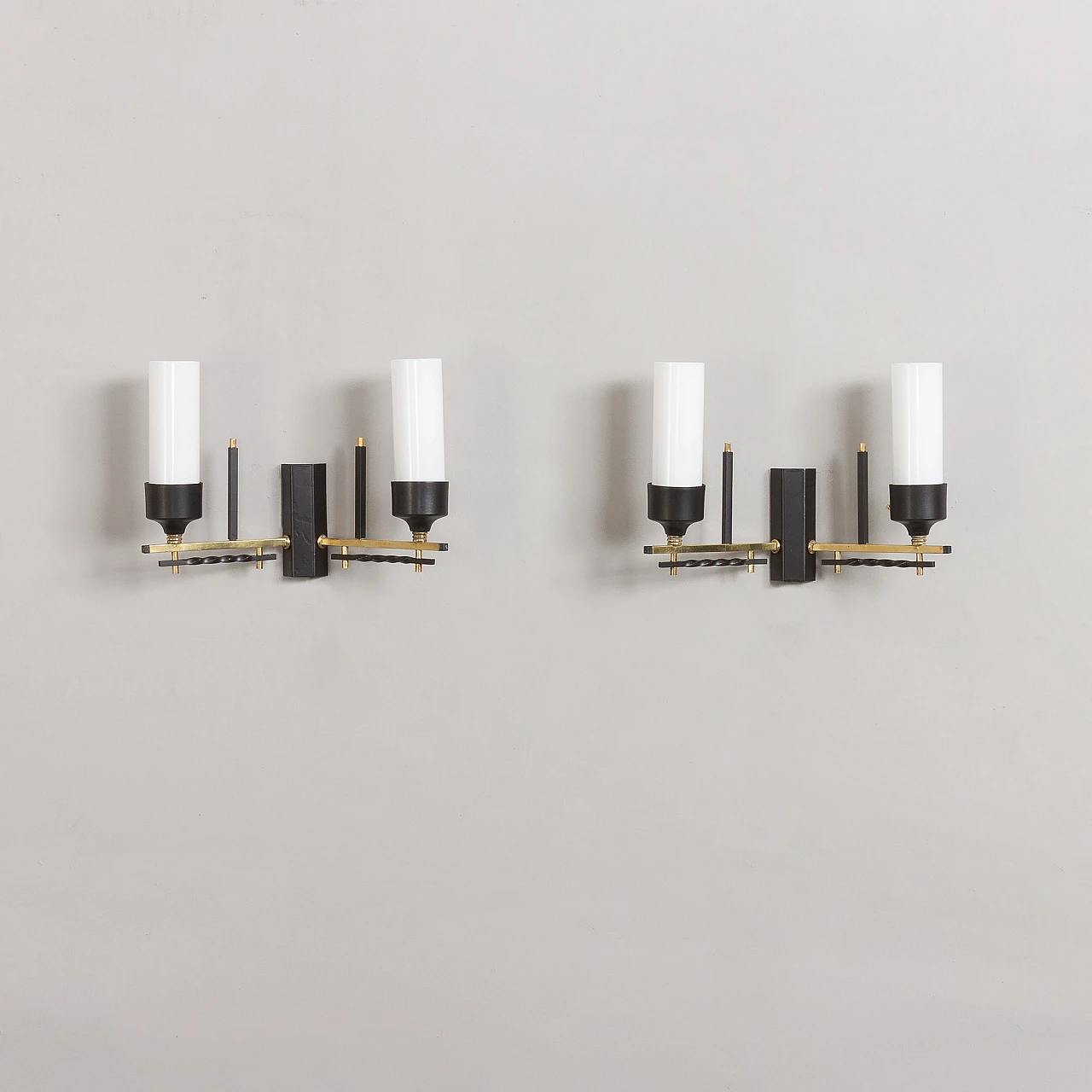 Pair of brass, black metal and opaline glass wall lights, 1960s 1