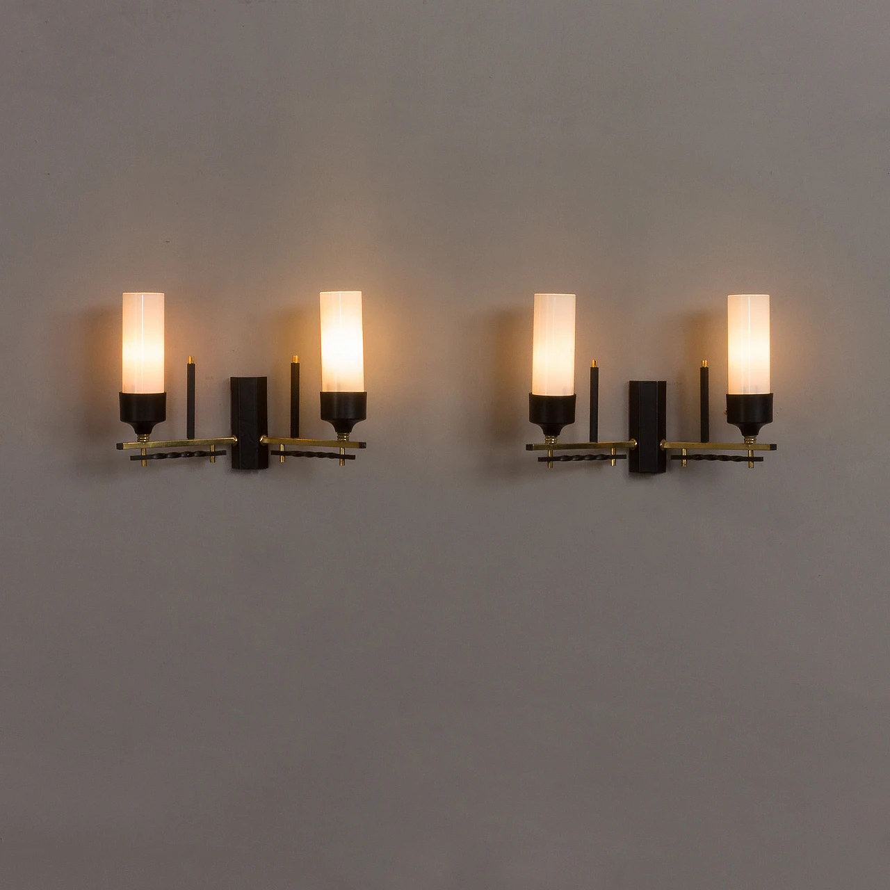 Pair of brass, black metal and opaline glass wall lights, 1960s 3