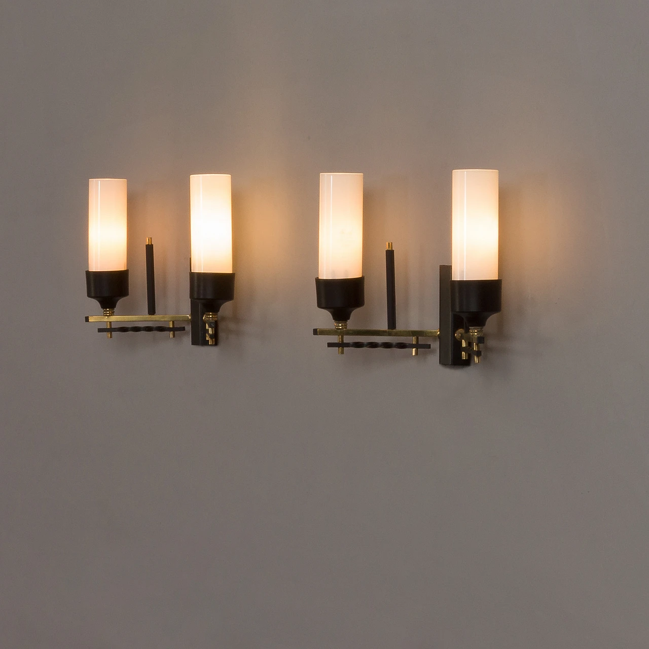 Pair of brass, black metal and opaline glass wall lights, 1960s 4