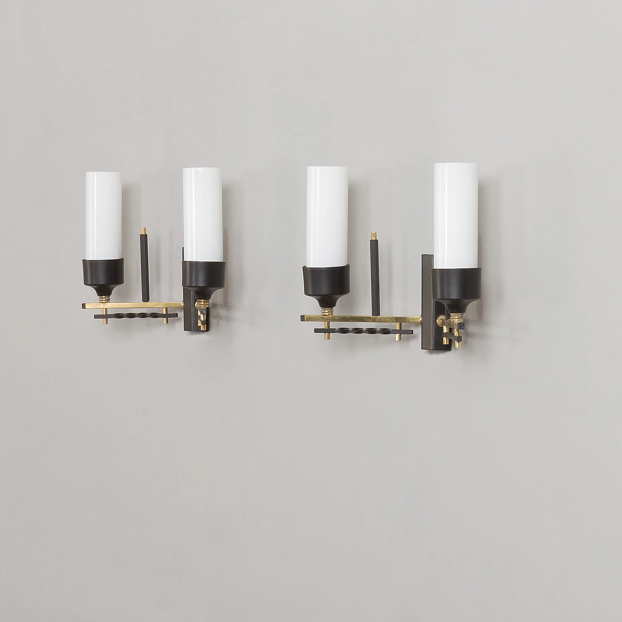 Pair of brass, black metal and opaline glass wall lights, 1960s 5