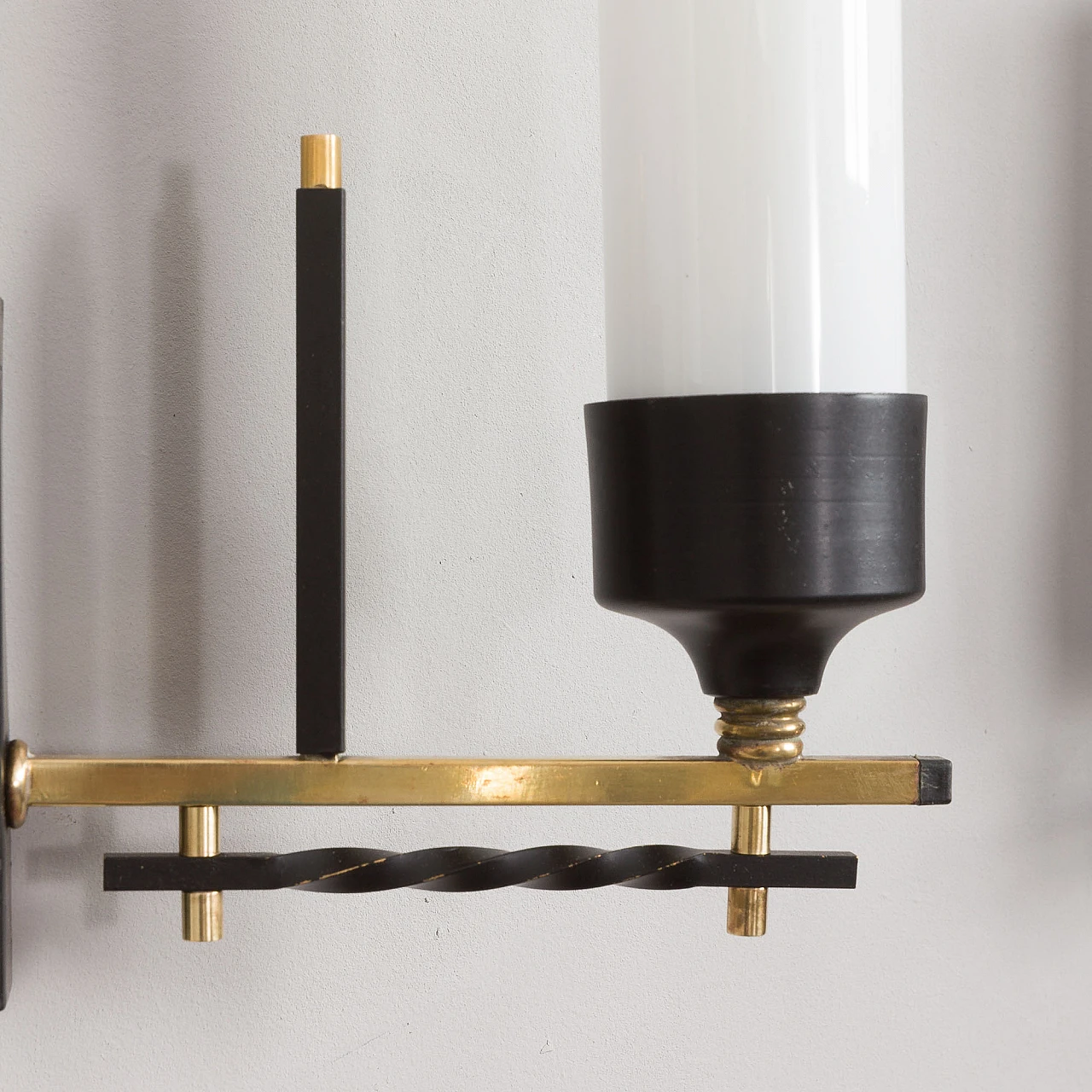 Pair of brass, black metal and opaline glass wall lights, 1960s 7