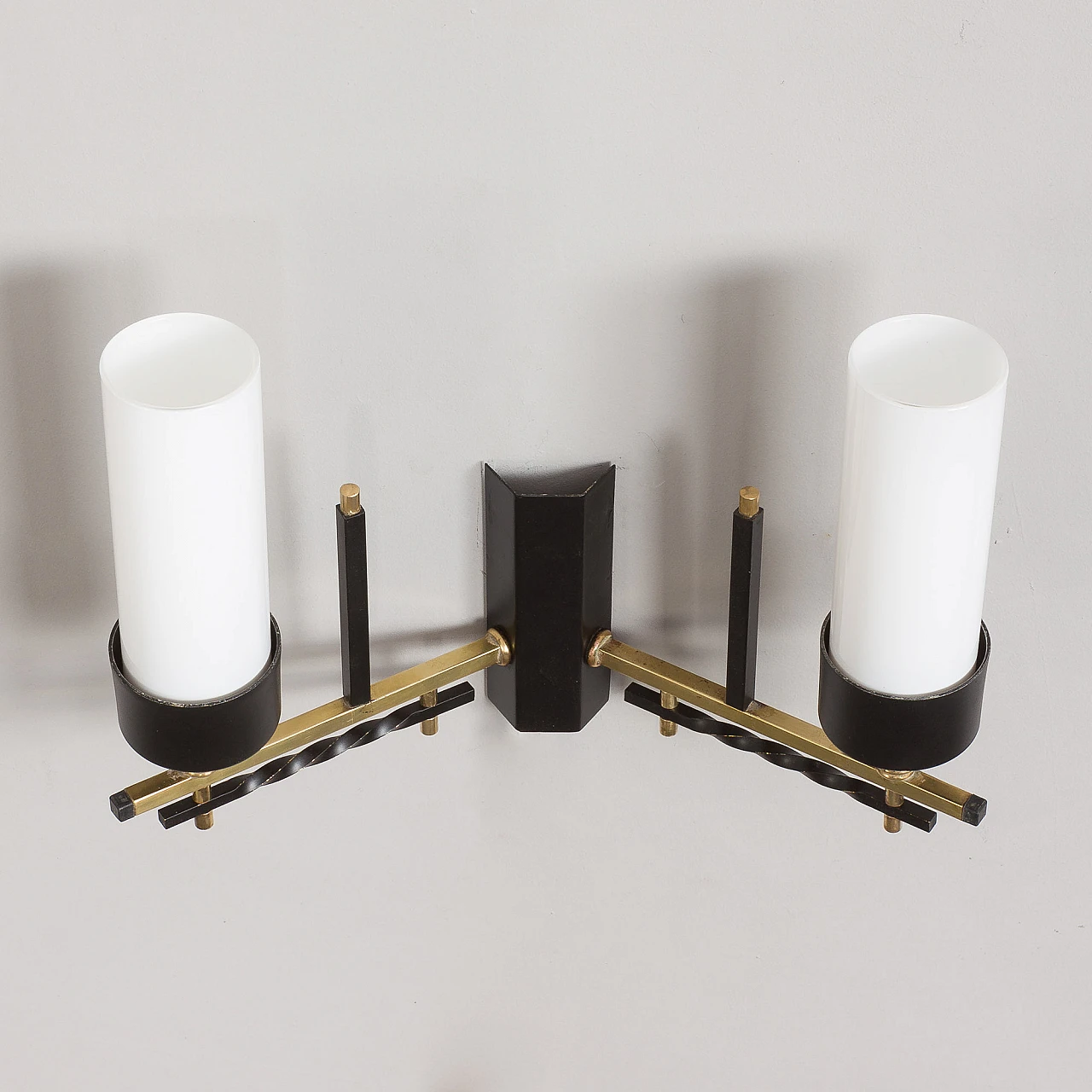 Pair of brass, black metal and opaline glass wall lights, 1960s 9